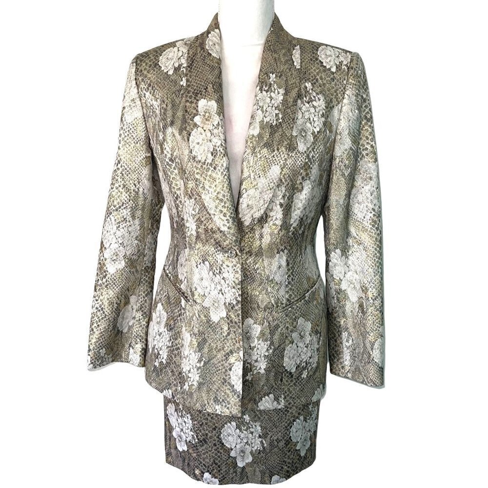 Zion New York Skirt Suit Womens Size 4 Vintage Metallic Floral Snake Print Rayon